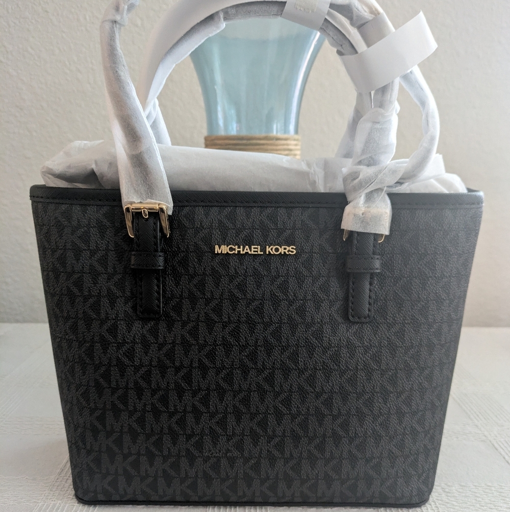 Michael Kors Black Logo Tote Bag with MK Charm - Picture 2 of 11